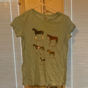 It ways too small for me it is a light blue color with 5 different horses